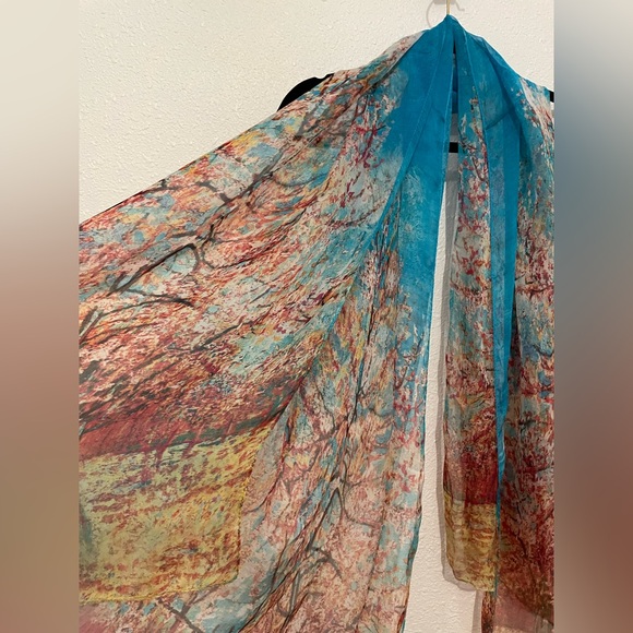 100% Silk Women Scarf Large Shawl long Wrap floral yellow blue red 66x40” - Picture 2 of 5